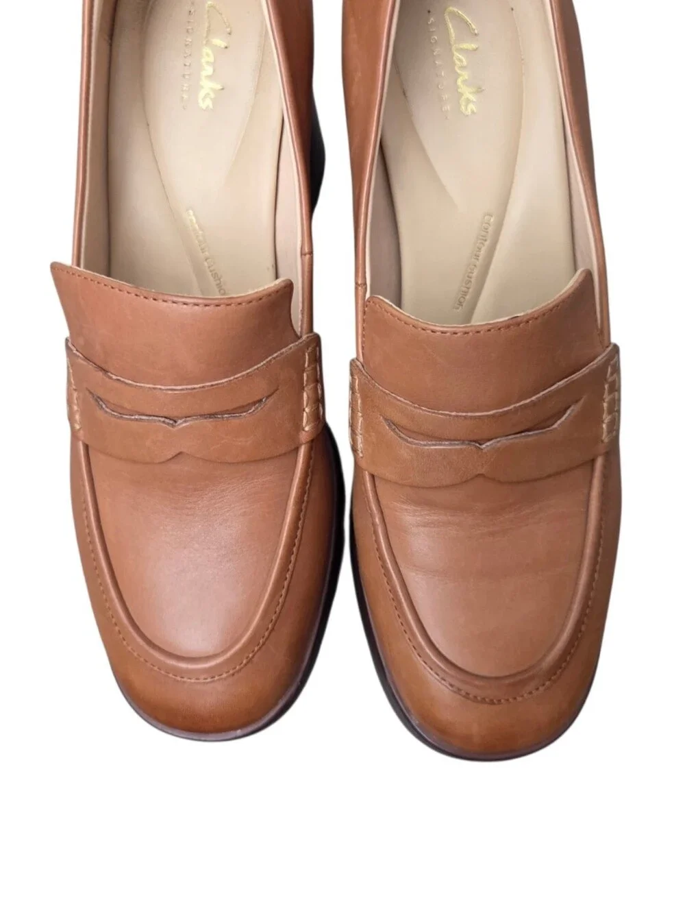 Clarks Zoya 85 Tan Leather Chunky Block Heel Penny Loafers Size 9.5 90s Retro